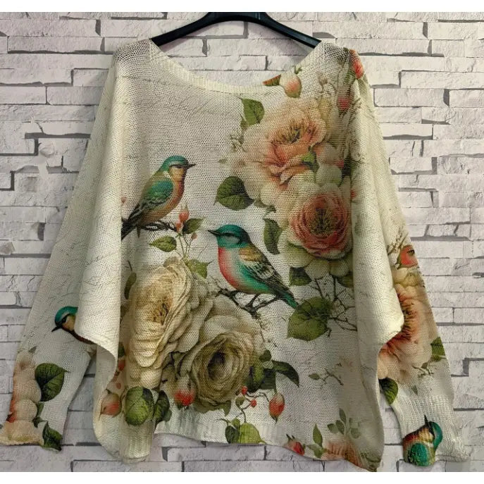 Beige Birds Round Knit Printed Sweater (case of 2)