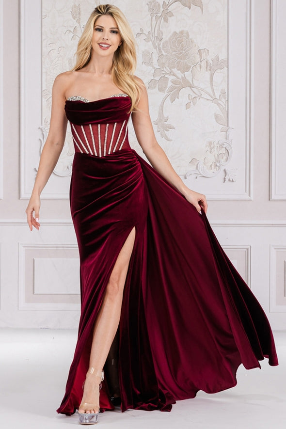 Sweetheart Embellished Neckline Velvet Dress