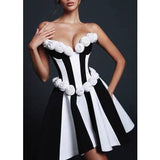 Monet Strapless Rosette Mini Dress – Black & White Sculpted Fit-And-Flare
