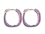 Simulated Diamond & Ruby Square Pave Cz Hoop Earrings, All Around, 925 Sterling Silver, Platinum