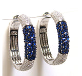 Simulated Diamond & Sapphire Square Pave Cz Hoop Earrings, All Around, 925 Sterling Silver, Platinum