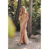 Golden Fitted Off Shoulder Sequin Illusion Sweetheart Bodice with