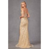 Golden Fitted Off Shoulder Sequin Illusion Sweetheart Bodice with