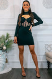 Open Heart Mesh Long Sleeves Mini Dress