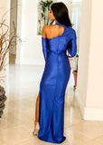 New Me Asymmetrical Metallic Blue Maxi Dress With Slit