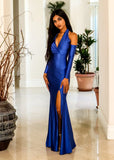 New Me Asymmetrical Metallic Blue Maxi Dress With Slit