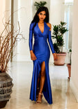 New Me Asymmetrical Metallic Blue Maxi Dress With Slit