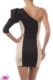 Puff sleeve color blocked one shoulder mini dress