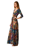 Paisley Bohemian Floral Print 3/4 Sleeves Long Maxi Dress