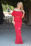 Ruffle Off The Shoulder Maxi Red Dress with Sheer Details