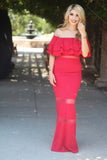 Ruffle Off The Shoulder Maxi Red Dress with Sheer Details