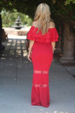 Ruffle Off The Shoulder Maxi Red Dress with Sheer Details