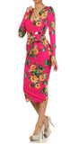 Floral Print Wrapped V neck Midi Dress with Embellished Keyring