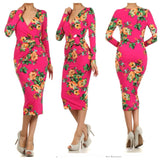 Floral Print Wrapped V neck Midi Dress with Embellished Keyring