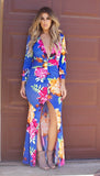 Myra Deep V-Neck Long Sleeves Bodycon Floral Maxi With Slit Dress