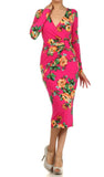 Floral Print Wrapped V neck Midi Dress with Embellished Keyring