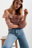 Shirred Off the Shoulder Top with Ruffle in Coral Floral