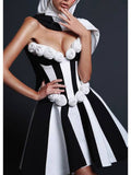 Monet Strapless Rosette Mini Dress – Black & White Sculpted Fit-And-Flare