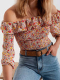 Shirred Off the Shoulder Top with Ruffle in Coral Floral