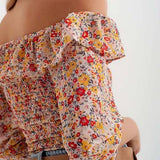 Shirred Off the Shoulder Top with Ruffle in Coral Floral