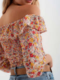 Shirred Off the Shoulder Top with Ruffle in Coral Floral