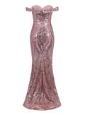 Layali Rose Gold Bardot Sweetheart Sequin Embellished Maxi Fishtail Dress