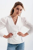 Puff Sleeve Wrap Front Top with Belt Detail in White