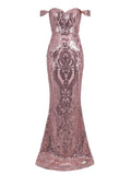 Layali Rose Gold Bardot Sweetheart Sequin Embellished Maxi Fishtail Dress