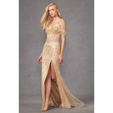 Golden Fitted Off Shoulder Sequin Illusion Sweetheart Bodice with