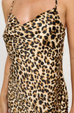 Made in USA Leopard Print Satin Bias Slip Dress with Slit
