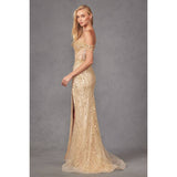 Golden Fitted Off Shoulder Sequin Illusion Sweetheart Bodice with
