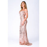 Layali Rose Gold Bardot Sweetheart Sequin Embellished Maxi Fishtail Dress