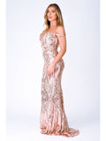 Layali Rose Gold Bardot Sweetheart Sequin Embellished Maxi Fishtail Dress