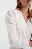 Puff Sleeve Wrap Front Top with Belt Detail in White