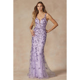 Butterfly Appliques with Low V Neck Prom Dress