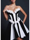 Monet Strapless Rosette Mini Dress – Black & White Sculpted Fit-And-Flare