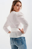 Puff Sleeve Wrap Front Top with Belt Detail in White