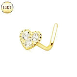 14Kt Yellow Gold Clear CZ Heart L Bend Nose Ring