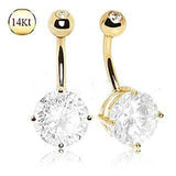 14Kt Yellow Gold Navel Ring with Large Clear Prong Set CZ