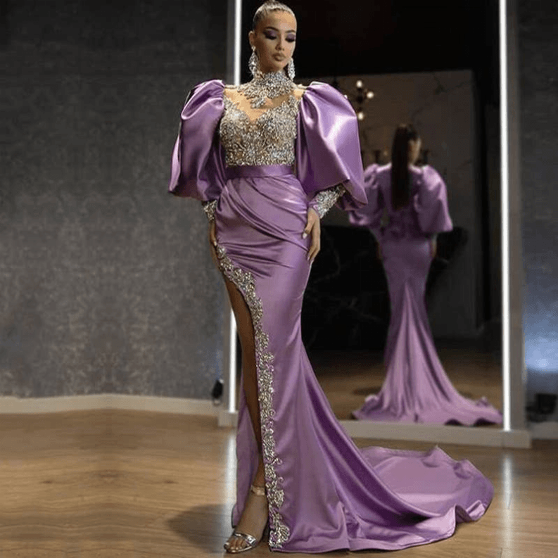 Purple Puffy Sleeves Evening Gown Mermaid Prom Party Dress XXL / 1 1710-171000037663