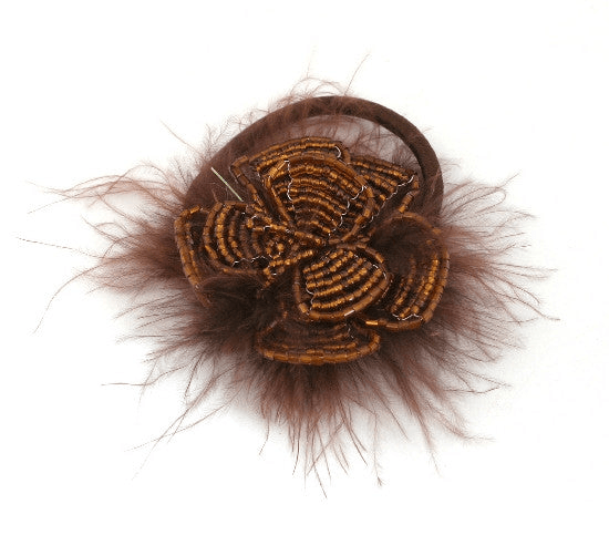 Beaded Flower & Feather Elastic Ponytail Holder 1 / Silver j. nahon card 558-172612