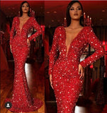 Red Deep V-neck Slim Sparkling Sequin Fishtail Dress Red Deep V-neck Slim Sparkling Sequin Fishtail Dress 