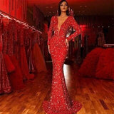 Red Deep V-neck Slim Sparkling Sequin Fishtail Dress Red Deep V-neck Slim Sparkling Sequin Fishtail Dress 