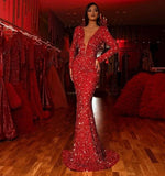 Red Deep V-neck Slim Sparkling Sequin Fishtail Dress