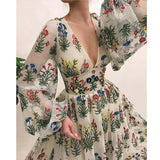 Mesh Embroidery Sexy Dress Women Cute Lantern Sleeve Dinner Dress Mesh Embroidery Sexy Dress Women Cute Lantern Sleeve Dinner Dress 